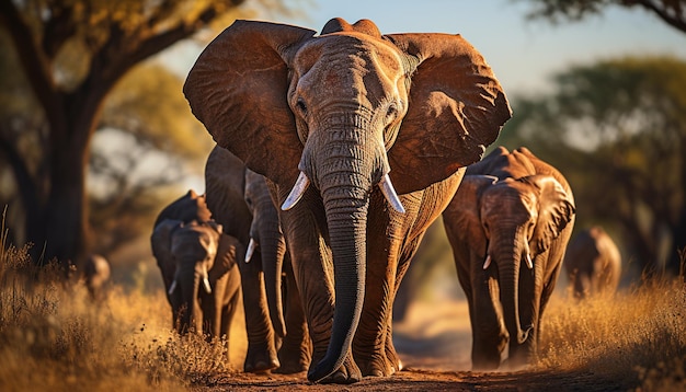 Elefanten gehen in der afrikanischen Wildnis eine ruhige Sonnenuntergangsszene, die von künstlicher Intelligenz erzeugt wurde