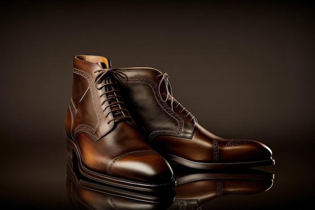 Elegante braune Lederschuhe für Männer auf braunem Hintergrund Fotostudio-Stil Ai generativ