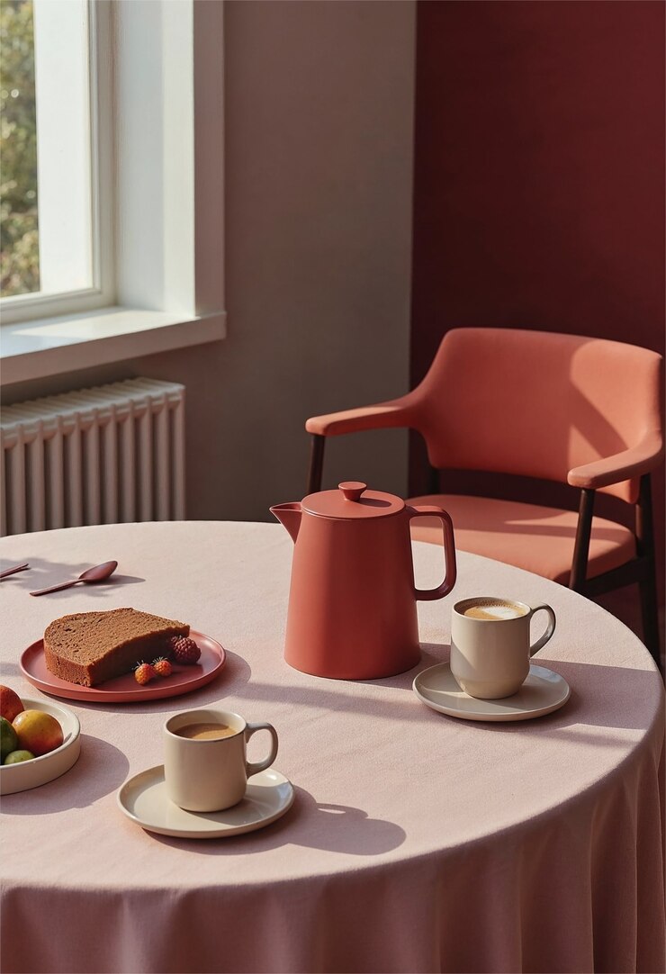Elegante Frühstücks-Tischgestaltung mit Kaffee und Kuchen
