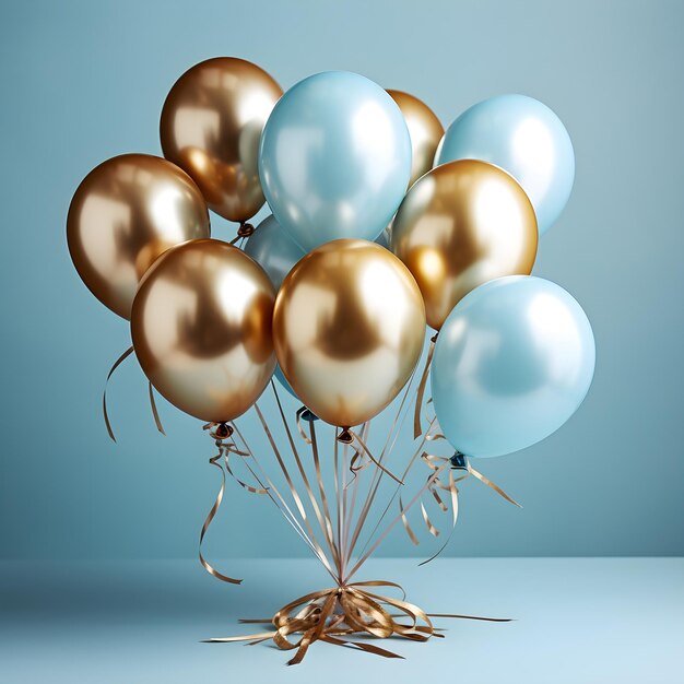 elegante goldene und blaue Luftballons auf hellblauem Hintergrund