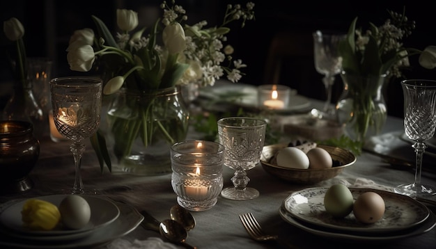 Elegante Tischdekoration mit Kerzenwein und Blumen, die von KI generiert werden