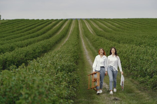 Elegante und schöne Mädchen, die in einem Feld malen