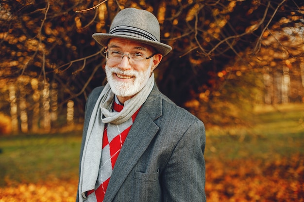 Eleganter alter Mann in einem sonnigen Herbstpark