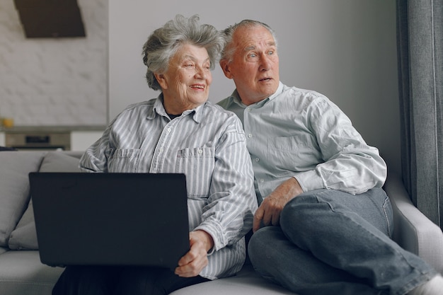 Elegantes altes Ehepaar, das zu Hause sitzt und einen Laptop benutzt