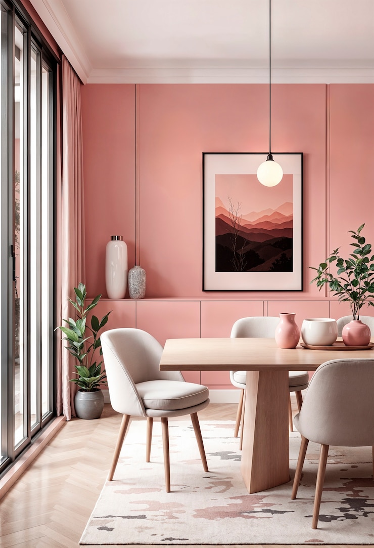 Elegantes Esszimmer mit rosa Wänden und modernem Dekor