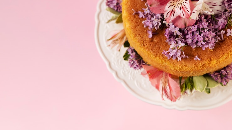 Kostenlose Foto elegantes öko-food-konzept mit blumen im kuchen