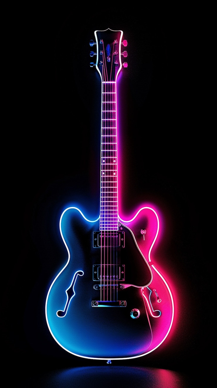 Kostenlose Foto elektrische gitarre mit neonlicht stillleben