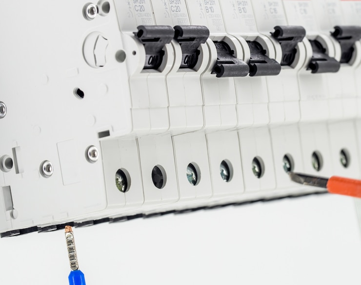 Kostenlose Foto elektrische maschinen, schalter, isoliert auf weiß, nahaufnahme, verbinden das markierungskabel mit einem roten schraubendreher mit einem gerät