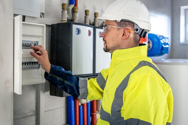 Elektrotechniker sieht konzentriert aus, während er in einer Schalttafel mit Sicherungen arbeitet