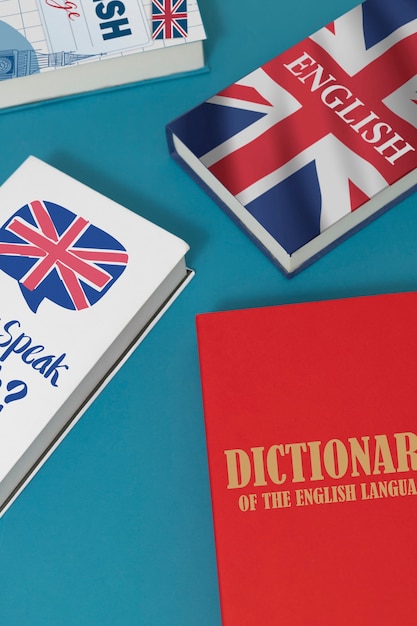 Englisches Büchersortiment, Stillleben, hoher Winkel