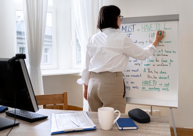 Englischlehrerin macht ihren Unterricht mit einem Whiteboard