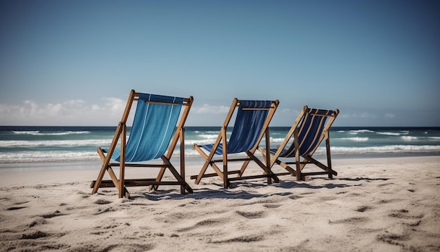 Kostenloses Foto entspannen sie sich auf einem blauen stuhl und genießen sie die sommerferien an der küste, generiert durch künstliche intelligenz