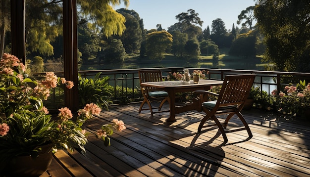 Kostenloses Foto entspannung im naturstuhl auf der terrasse, umgeben von bäumen und wasser, erzeugt durch künstliche intelligenz