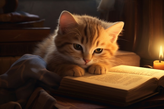 Entzückend aussehendes Kätzchen mit Buch