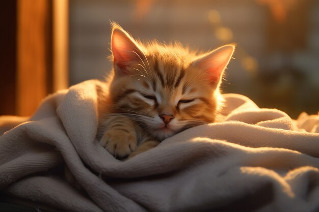 Entzückend aussehendes Kätzchen mit Decke