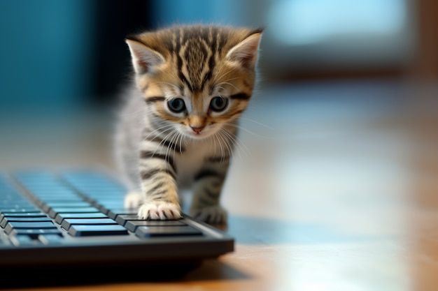 Kostenloses Foto entzückend aussehendes kätzchen mit tastatur