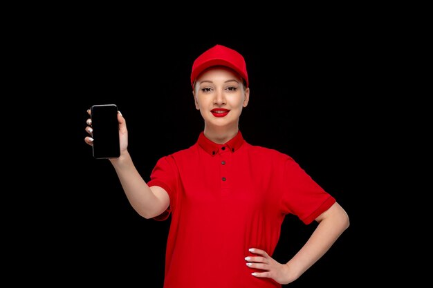 Entzückende Frau des roten Hemdtages, die ein Telefon in einem tragenden Hemd der roten Kappe und in einem hellen Lippenstift zeigt