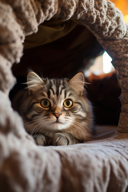 Kostenloses Foto entzückende katze, die sich drinnen entspannt