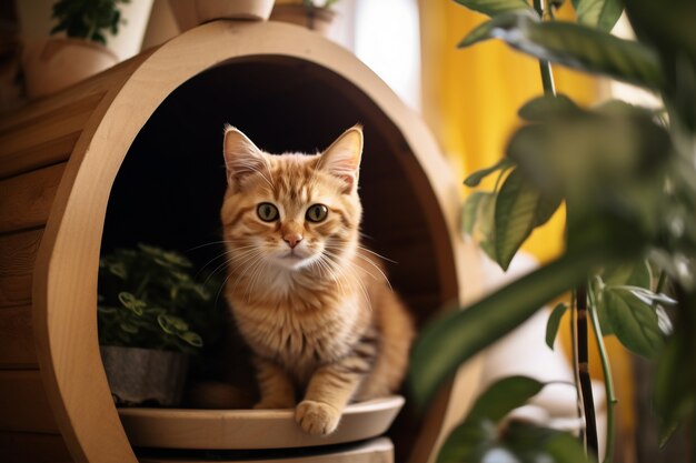 Entzückende Katze, die sich drinnen entspannt