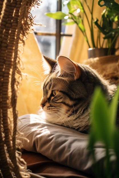 Kostenloses Foto entzückende katze, die sich drinnen entspannt