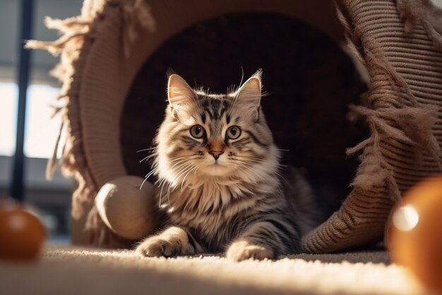 Entzückende Katze, die sich drinnen entspannt