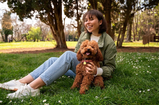 Entzückender Hund im Park in der Natur mit Besitzer