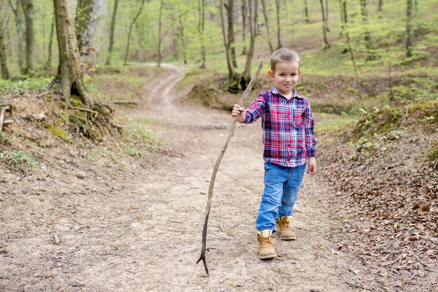 Entzückender kleiner Junge, der tagsüber mit einem Stock in einem Park spielt