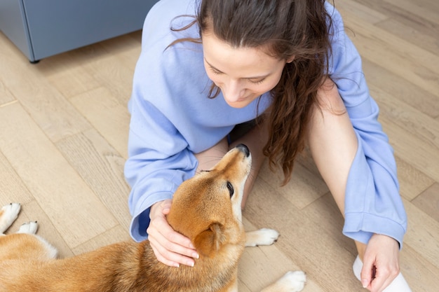 Entzückendes Shiba Inu mit seiner Besitzerin