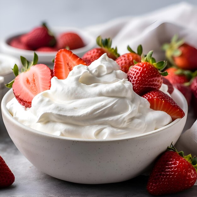 Erdbeeren mit saurer Sahne in einer weißen Schüssel Selektiver Fokus