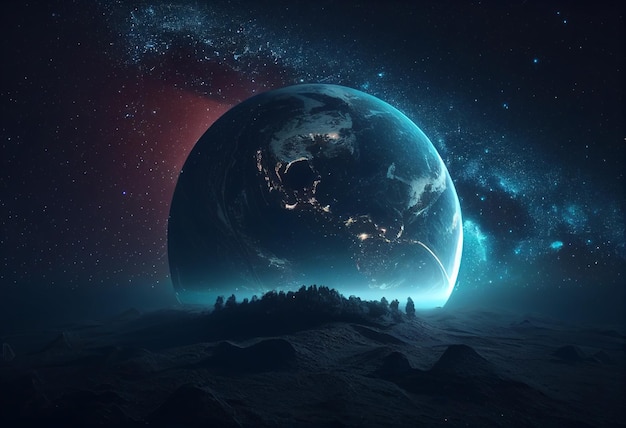 Erde im Himmel bei Nacht Hintergrund Asset-Spiel 2D futuristische generative KI
