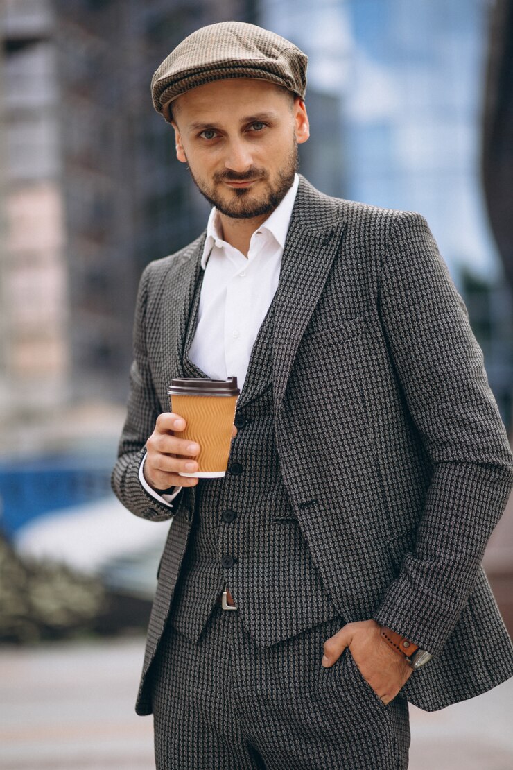 Kostenlose Foto erfolgreicher geschäftsmann durch den wolkenkratzer kaffee trinkend