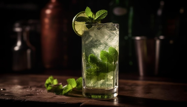 Kostenloses Foto erfrischender mojito-cocktail mit limettenminzblatt und zitrusfrüchten, erzeugt durch künstliche intelligenz