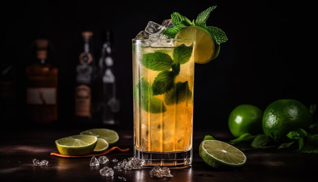 Erfrischender Mojito-Cocktail mit Limettenscheibe auf einem von künstlicher Intelligenz erzeugten Holztisch