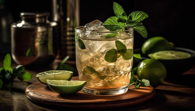 Kostenloses Foto erfrischender mojito-cocktail mit minzblatt-lime und zitrusfrüchten, erzeugt durch künstliche intelligenz