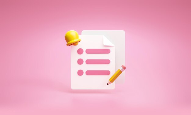 Erinnerung Zeitplan Checkliste Frist Symbol und Symbol Planer Konzept auf rosa Hintergrund 3D-Rendering