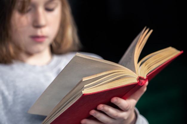 Ernsthaftes kleines Mädchen, das ein Buch liest, verschwommener Hintergrund