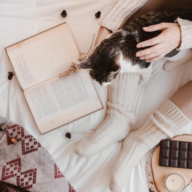 Erntefrau, die Katze nahe Buch und Schokolade streichelt