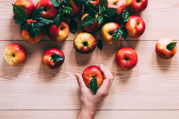 Ernten Sie die Hand, die Apfel vom Stapel nimmt