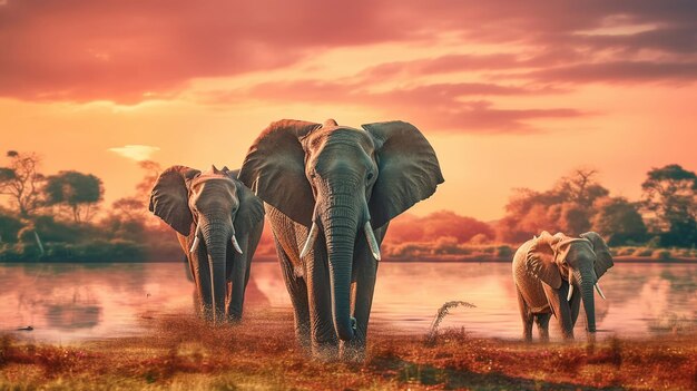 Erstaunliches afrikanisches Elefantenkonzept bei Sonnenuntergang, KI-generiertes Bild