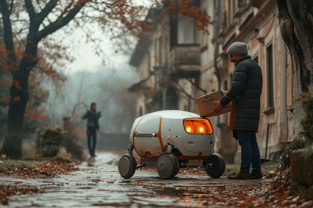 Erwachsene Person, die mit einem futuristischen Lieferroboter interagiert