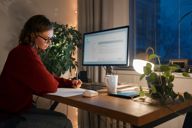 Kostenloses Foto erwachsene person, die spät nachts von zu hause aus arbeitet