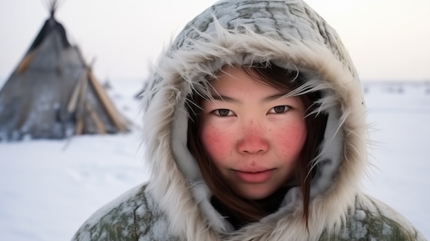 Kostenloses Foto eskimo-völker, die unter extremen wetterbedingungen leben