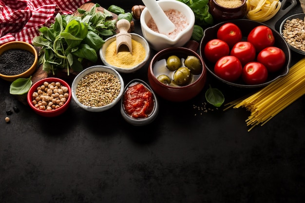 Essen Hintergrund Essen Konzept mit verschiedenen leckeren frischen Zutaten für das Kochen. Italienische Lebensmittelzutaten. Blick von oben mit Kopierraum.
