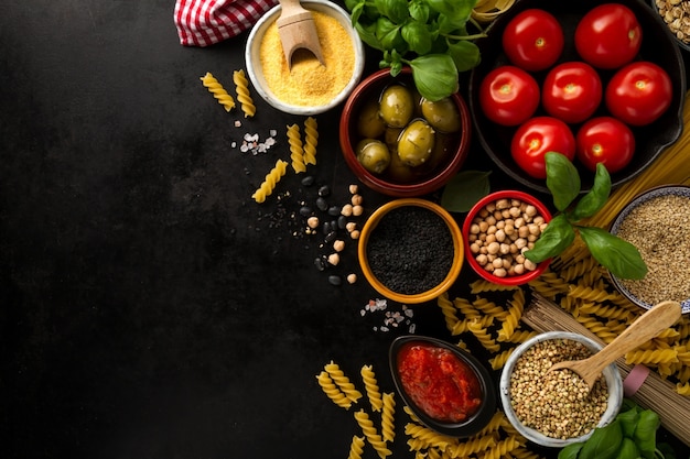 Essen Hintergrund Essen Konzept mit verschiedenen leckeren frischen Zutaten für das Kochen. Italienische Lebensmittelzutaten. Blick von oben mit Kopierraum.