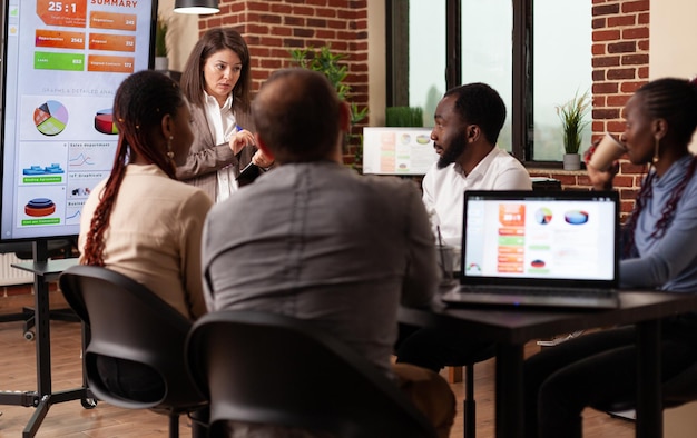 Executive Manager, der die Management-Präsentation erklärt, die die Unternehmensstrategie mit dem Monitor zeigt, der am Geschäftsprojekt im Startup-Büro arbeitet. Vielfältiges Team, das am Besprechungstisch sitzt, um Ideen zu sammeln