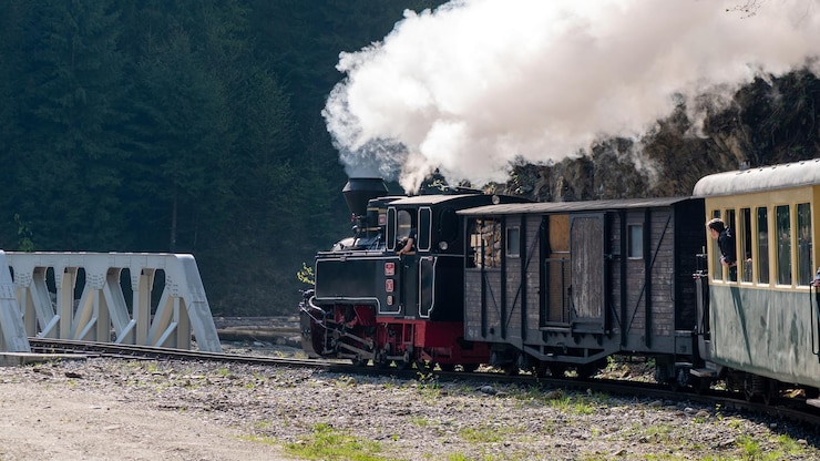 Kostenlose Foto fahrender dampfzug mocanita mit passagieren in rumänien