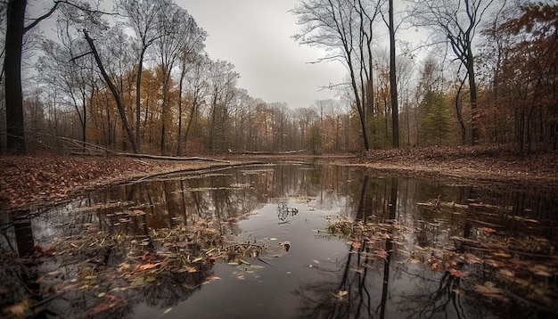 Kostenloses Foto fallende blätter malen eine lebendige herbstlandschaft, ein ruhiger teich spiegelt die von ki erzeugte schönheit wider