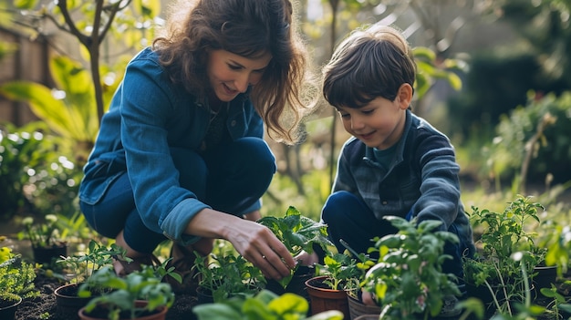 Familie im Garten, die gemeinsam Pflanzen pflanzt