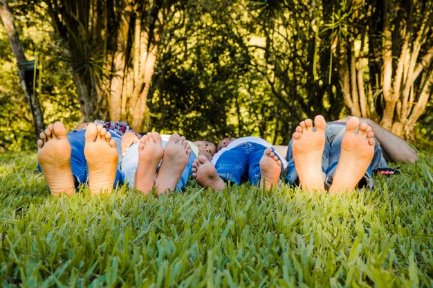 Familie liegt im Gras