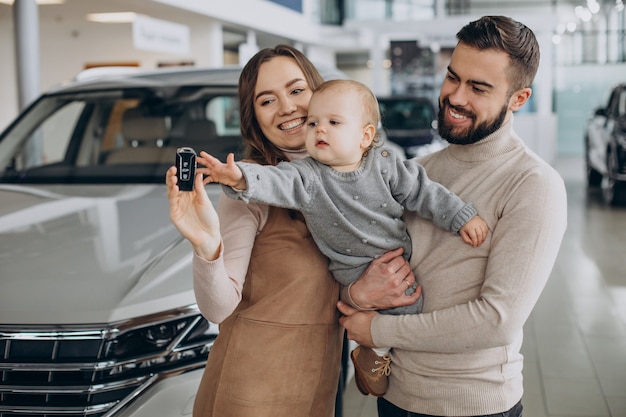 Familie mit bbay-Mädchen, das ein Auto in einem Autosalon wählt